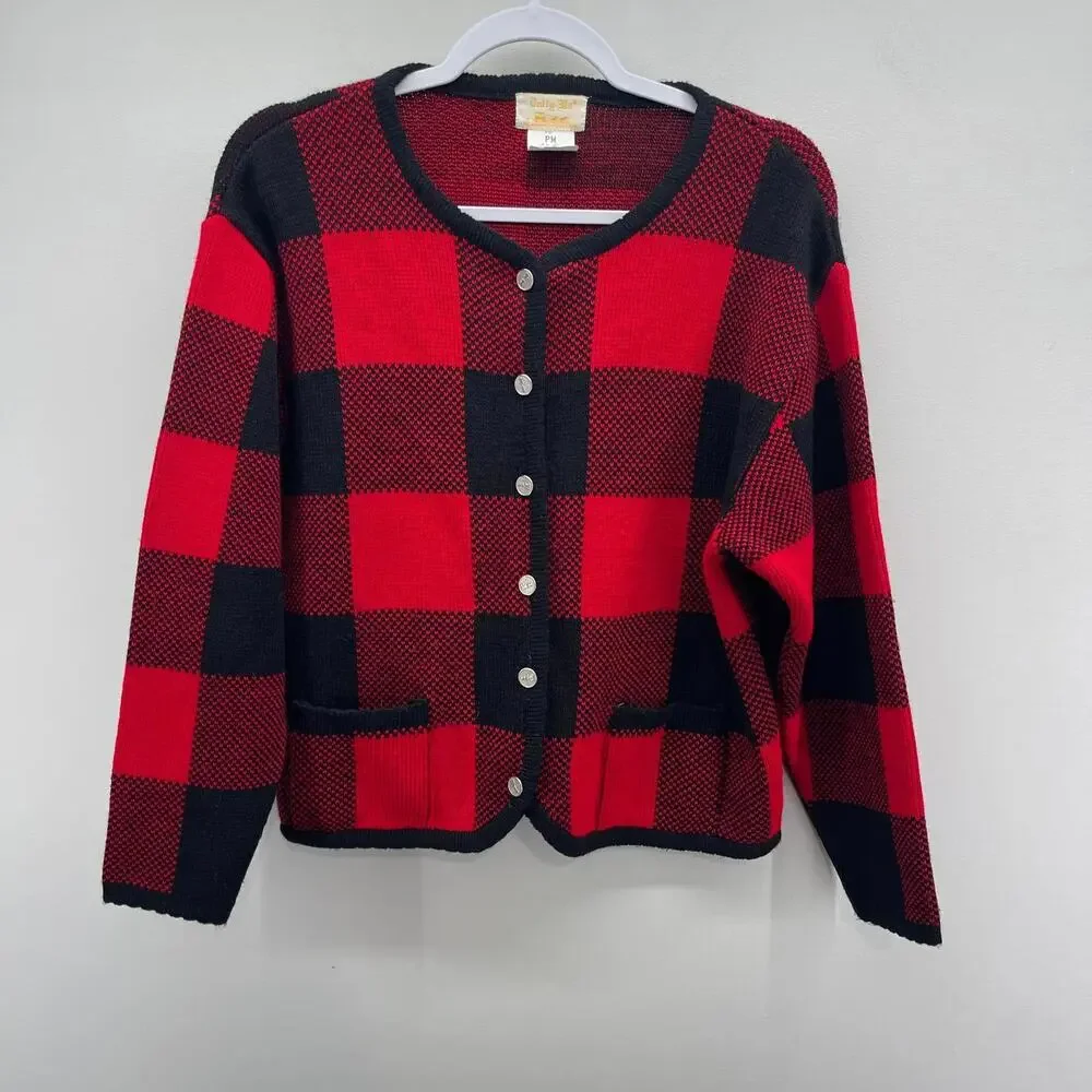 Vintage‎ Tally-Ho Red Black Plaid Knitted Cardigan Sweater Carriage Horse Button